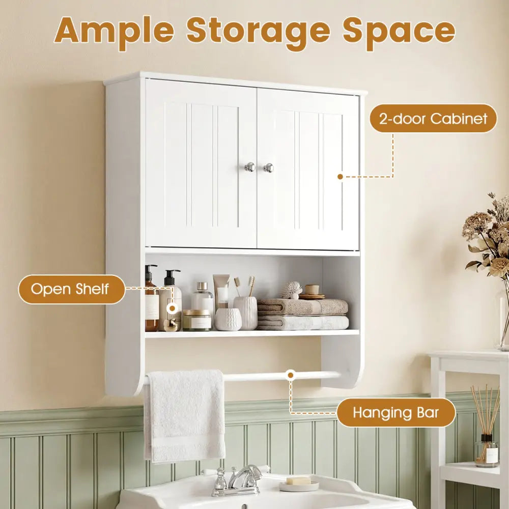 Bathroom Wall Cabinet with Towel Bar and Open Shelf and Adjustable Shelf-White - White - Wall Cabinets