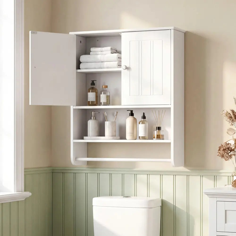 Bathroom Wall Cabinet with Towel Bar and Open Shelf and Adjustable Shelf-White - White - Wall Cabinets