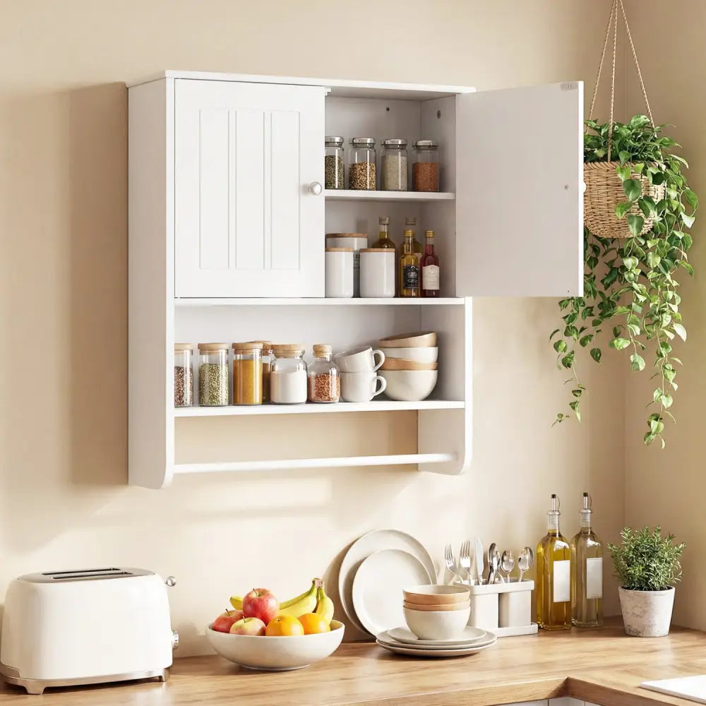 Bathroom Wall Cabinet with Towel Bar and Open Shelf and Adjustable Shelf-White - White - Wall Cabinets