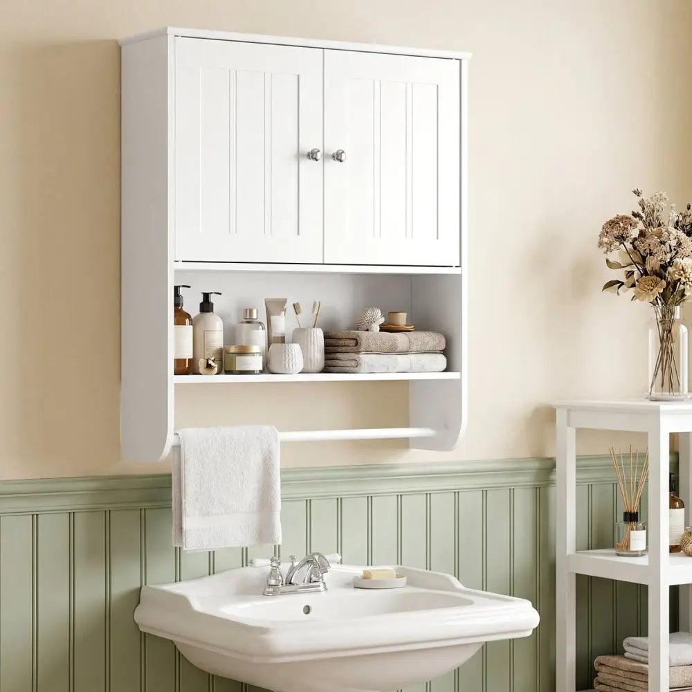 Bathroom Wall Cabinet with Towel Bar and Open Shelf and Adjustable Shelf-White - White - Wall Cabinets