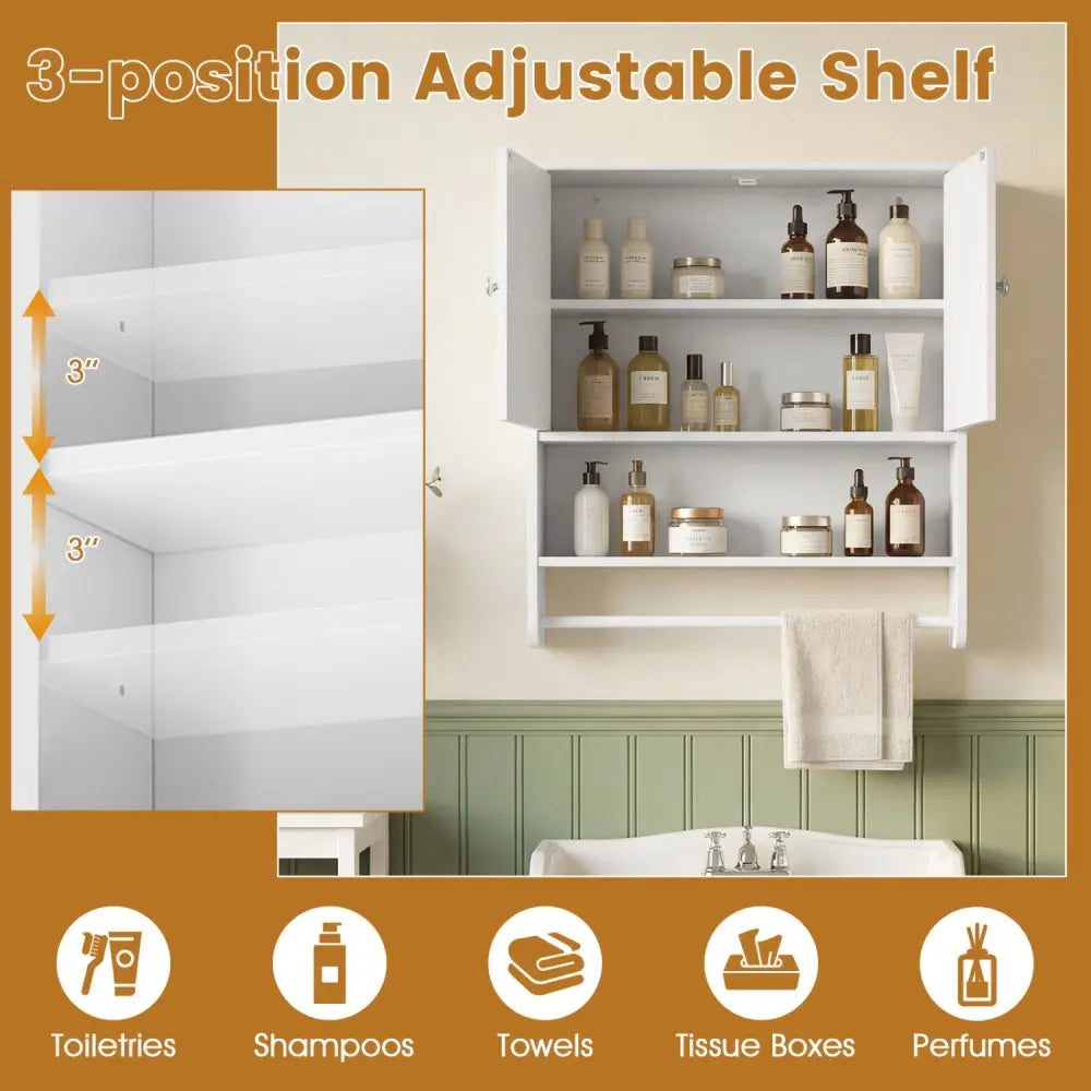 Bathroom Wall Cabinet with Towel Bar and Open Shelf and Adjustable Shelf-White - White - Wall Cabinets