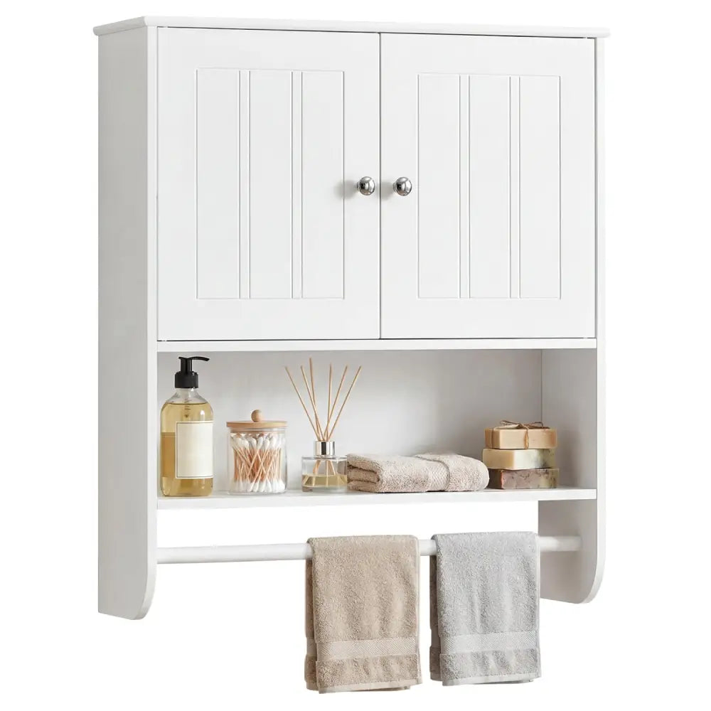 Bathroom Wall Cabinet with Towel Bar and Open Shelf and Adjustable Shelf-White - White - Wall Cabinets