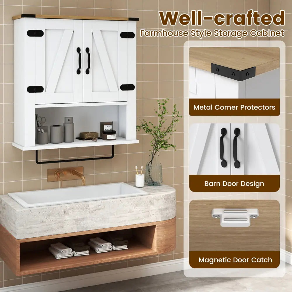 Bathroom Wall Cabinet with Towel Bar Farmhouse Medicine Cabinet-White - White - Wall Cabinets