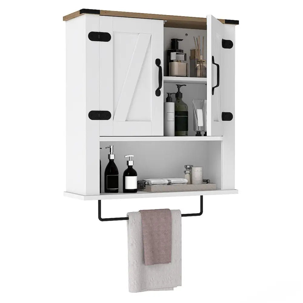 Bathroom Wall Cabinet with Towel Bar Farmhouse Medicine Cabinet-White - White - Wall Cabinets