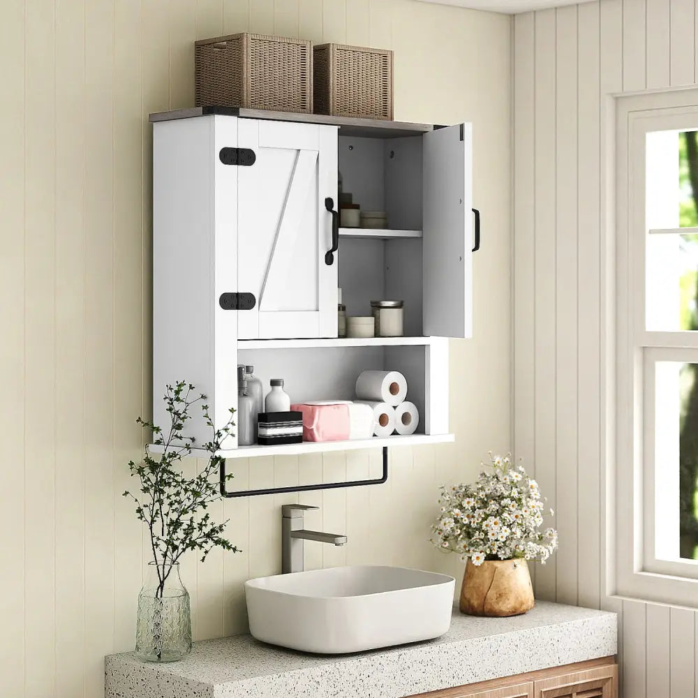 Bathroom Wall Cabinet with Towel Bar Farmhouse Medicine Cabinet-White - White - Wall Cabinets