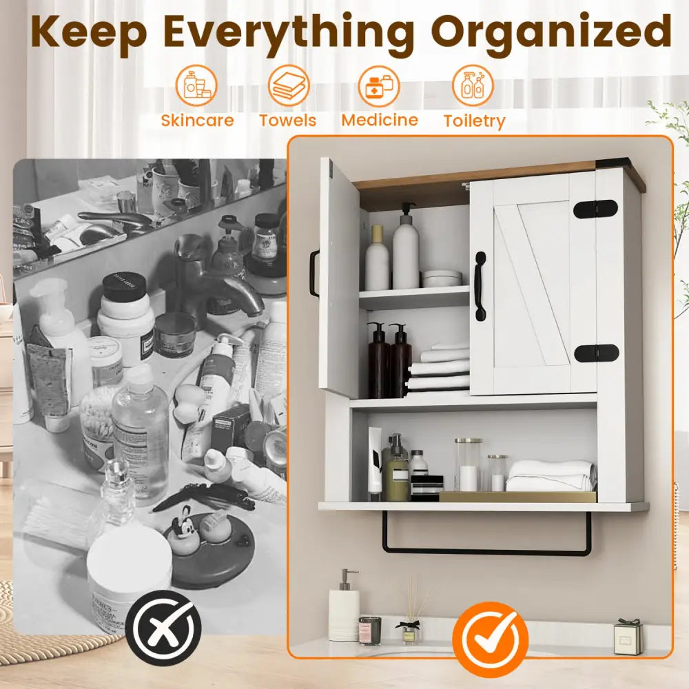 Bathroom Wall Cabinet with Towel Bar Farmhouse Medicine Cabinet-White - White - Wall Cabinets