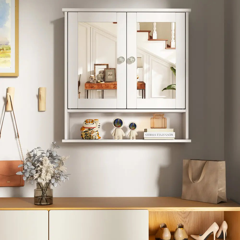 Bathroom Wall Mount Mirror Cabinet Organizer-White - White - Wall Cabinets