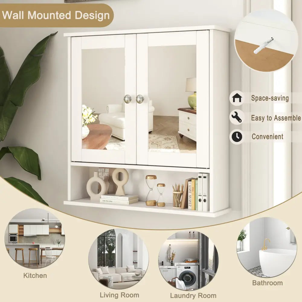 Bathroom Wall Mount Mirror Cabinet Organizer-White - White - Wall Cabinets