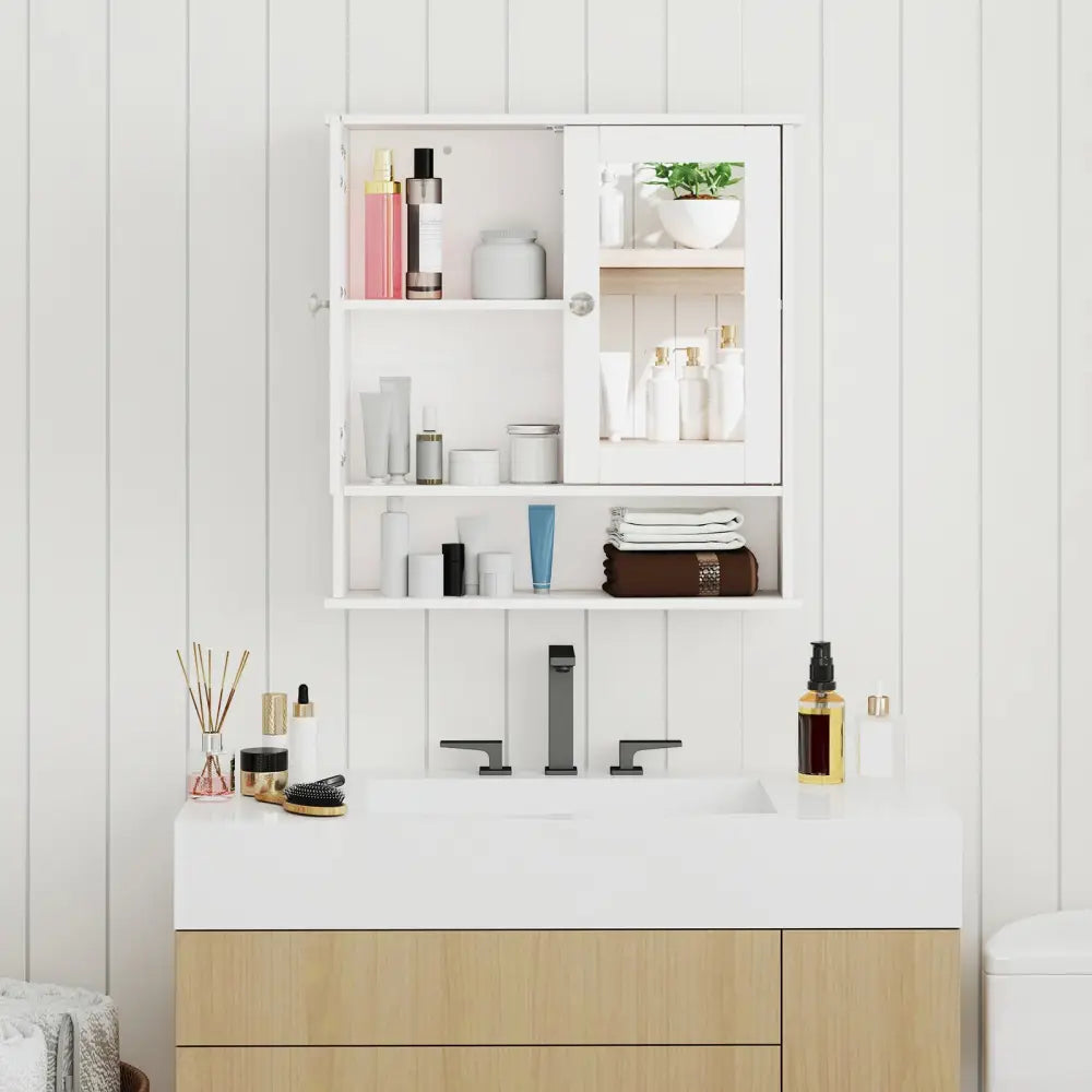 Bathroom Wall Mount Mirror Cabinet Organizer-White - White - Wall Cabinets
