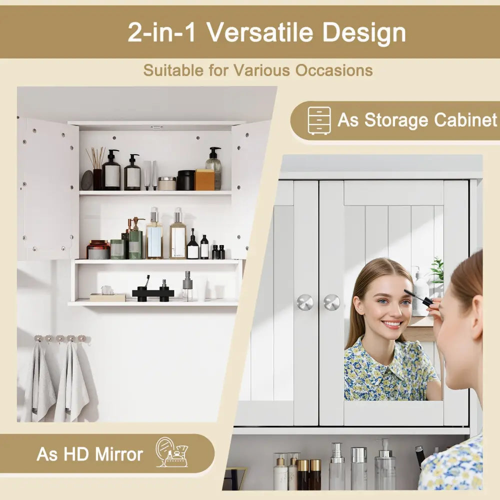 Bathroom Wall Mount Mirror Cabinet Organizer-White - White - Wall Cabinets