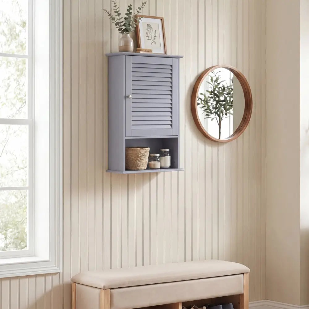 Bathroom Wall Mount Storage Cabinet Single Door with Height Adjustable Shelf-Gray - Gray - Wall Cabinets