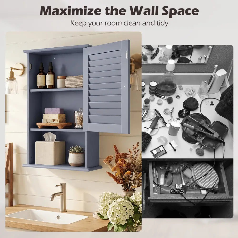 Bathroom Wall Mount Storage Cabinet Single Door with Height Adjustable Shelf-Gray - Gray - Wall Cabinets