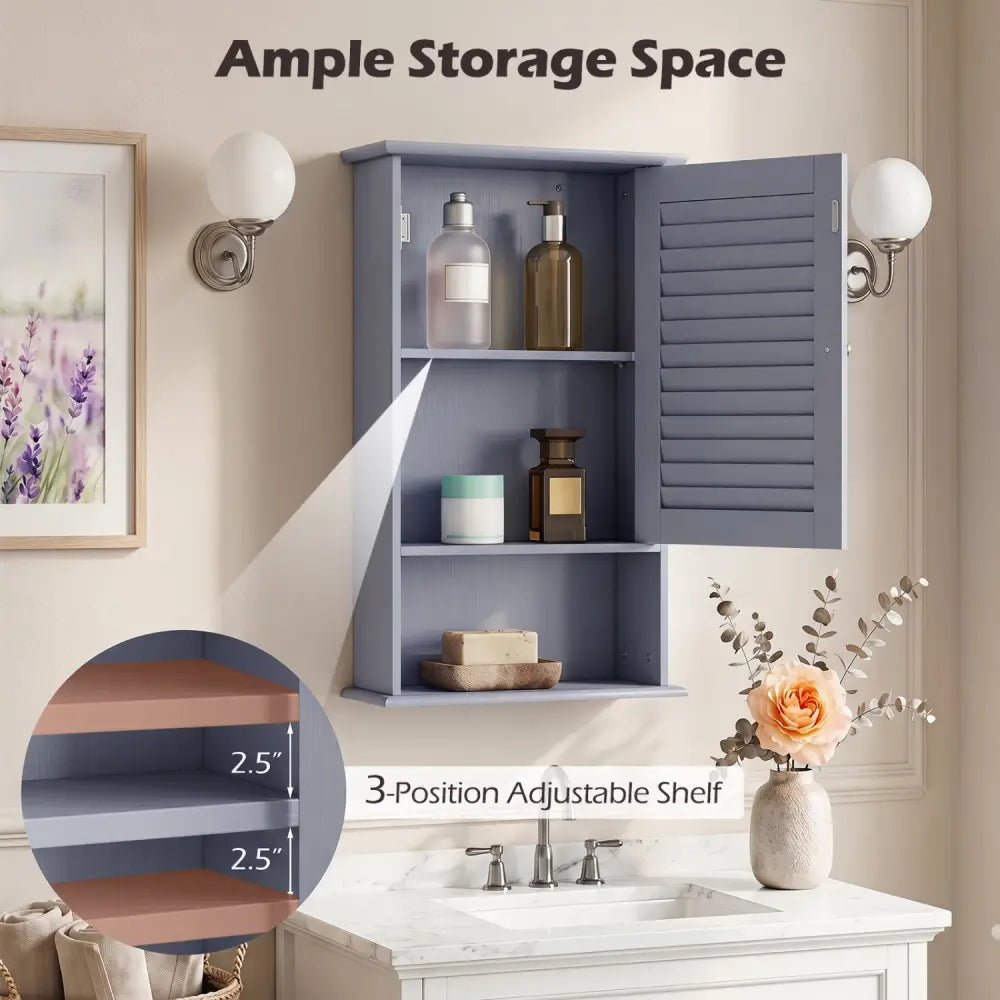 Bathroom Wall Mount Storage Cabinet Single Door with Height Adjustable Shelf-Gray - Gray - Wall Cabinets