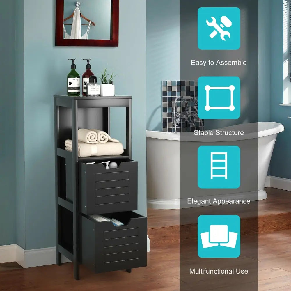 Bathroom Wooden Floor Cabinet Multifunction Storage Rack Stand Organizer-Black - Black - Floor Cabinets