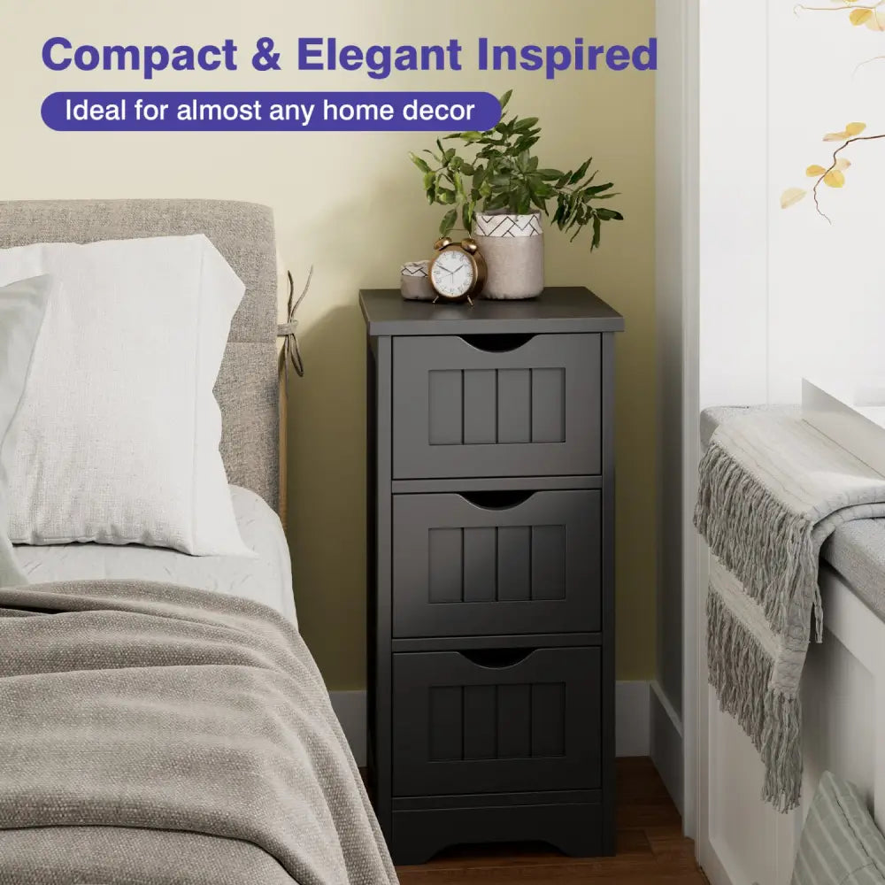 Bathroom Wooden Free Standing Storage Side Floor Cabinet Organizer-3-Tier.-Black - Black - Floor Cabinets