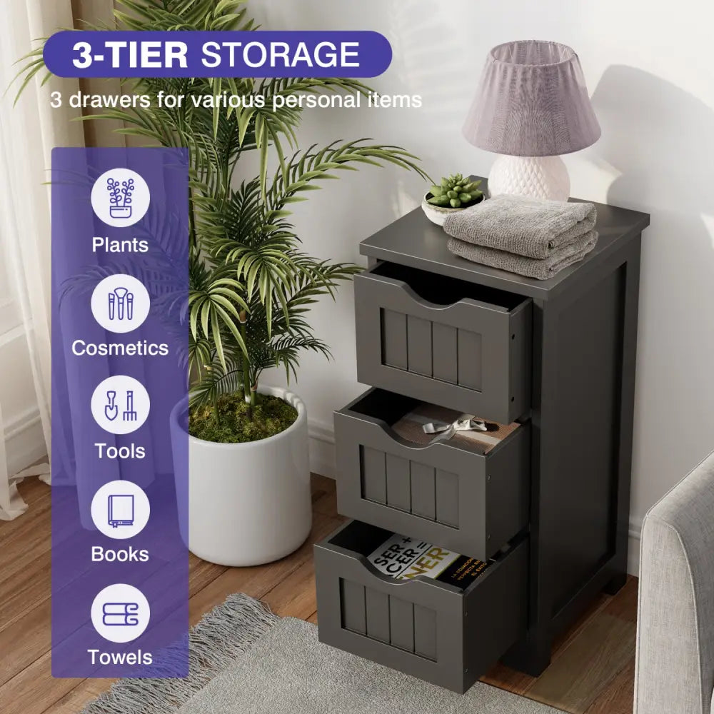 Bathroom Wooden Free Standing Storage Side Floor Cabinet Organizer-3-Tier.-Black - Black - Floor Cabinets