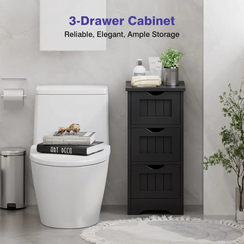 Bathroom Wooden Free Standing Storage Side Floor Cabinet Organizer-3-Tier.-Black - Black - Floor Cabinets