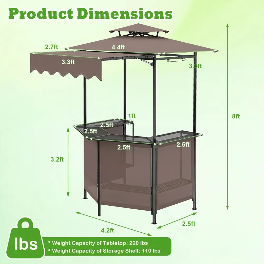 BBQ Gazebo Canopy with 4 Slatted Metal Shelves 6 Hanging Hooks and 2-Row Glass Holders-Brown - Brown - Patio Bar