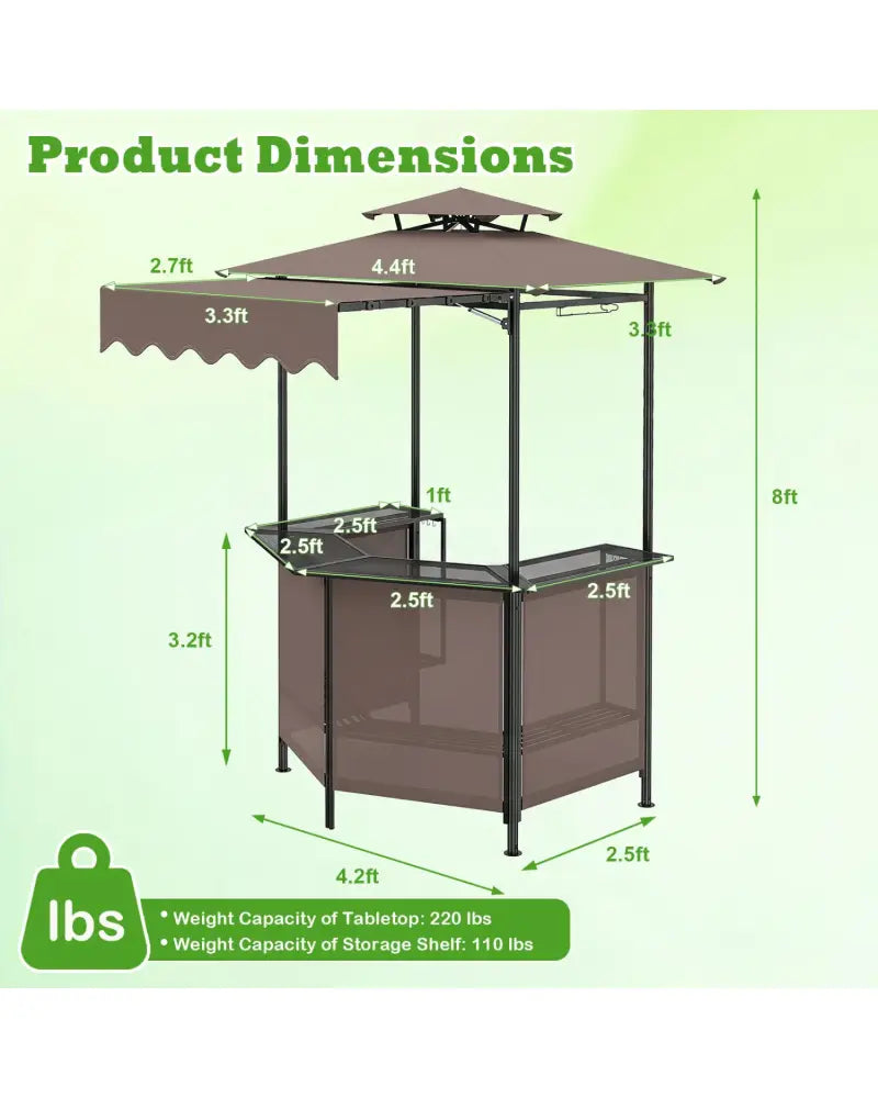 BBQ Gazebo Canopy with 4 Slatted Metal Shelves 6 Hanging Hooks and 2-Row Glass Holders-Brown - Brown - Patio Bar