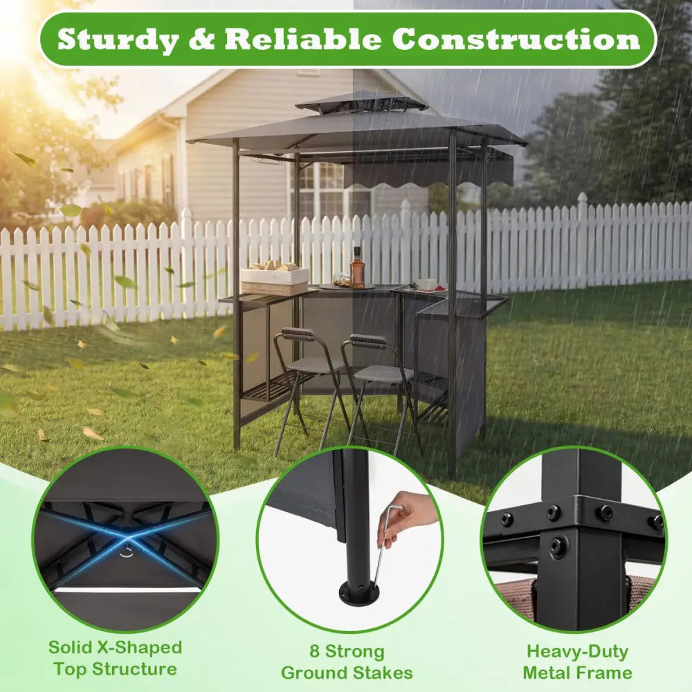 BBQ Gazebo Canopy with 4 Slatted Metal Shelves 6 Hanging Hooks and 2-Row Glass Holders-Black - Black - Patio Bar