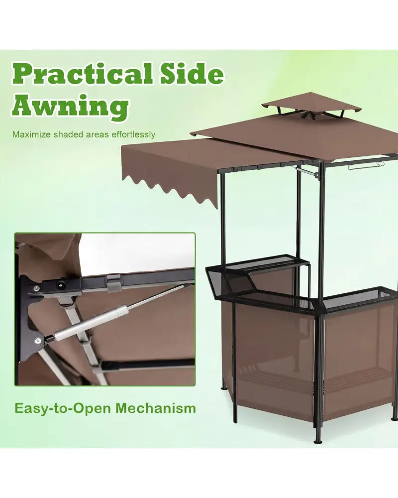 BBQ Gazebo Canopy with 4 Slatted Metal Shelves 6 Hanging Hooks and 2-Row Glass Holders-Brown - Brown - Patio Bar