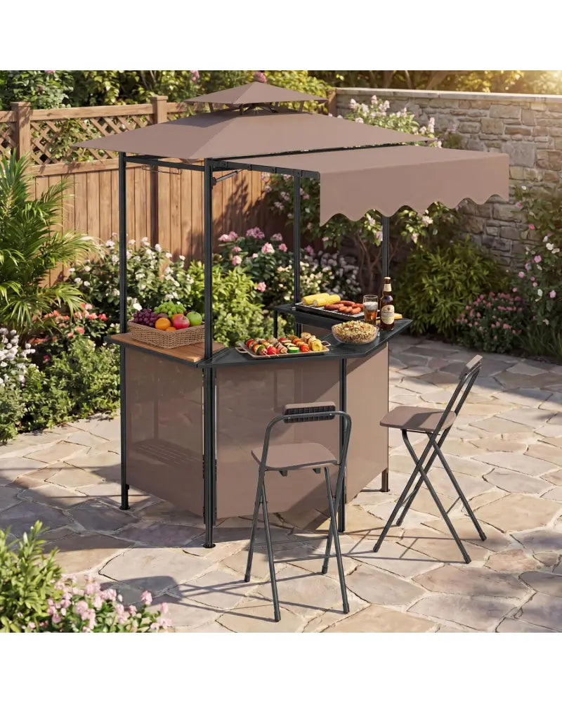 BBQ Gazebo Canopy with 4 Slatted Metal Shelves 6 Hanging Hooks and 2-Row Glass Holders-Brown - Brown - Patio Bar