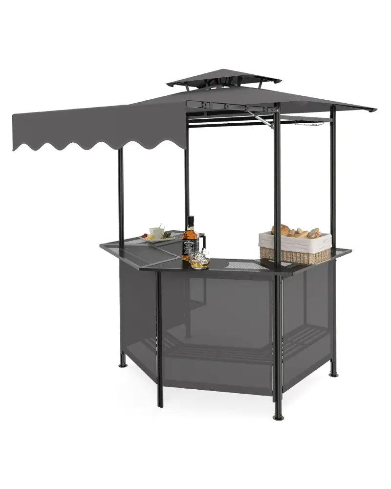 BBQ Gazebo Canopy with 4 Slatted Metal Shelves 6 Hanging Hooks and 2-Row Glass Holders-Black - Black - Patio Bar