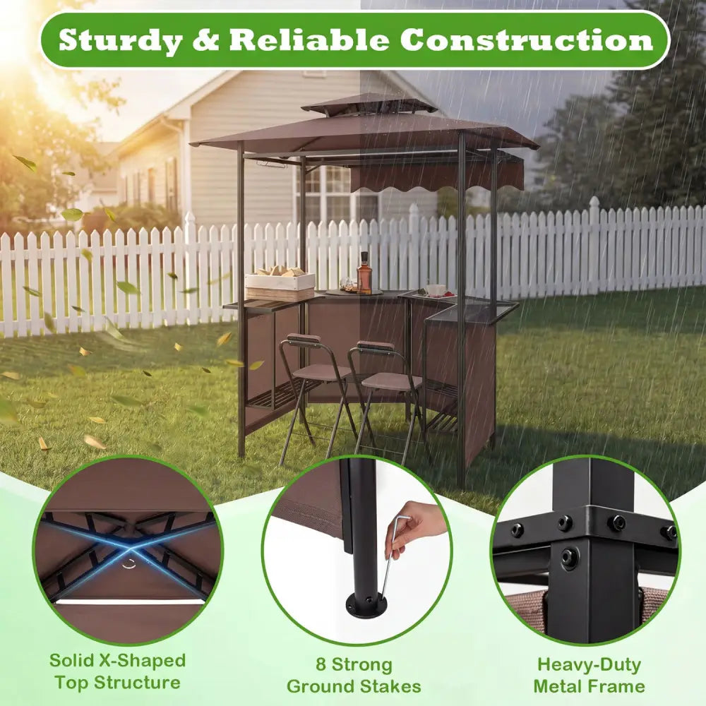 BBQ Gazebo Canopy with 4 Slatted Metal Shelves 6 Hanging Hooks and 2-Row Glass Holders-Brown - Brown - Patio Bar