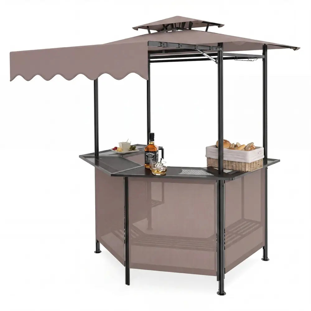 BBQ Gazebo Canopy with 4 Slatted Metal Shelves 6 Hanging Hooks and 2-Row Glass Holders-Brown - Brown - Patio Bar