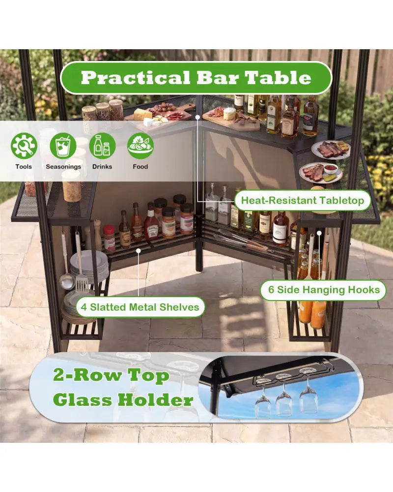 BBQ Gazebo Canopy with 4 Slatted Metal Shelves 6 Hanging Hooks and 2-Row Glass Holders-Brown - Brown - Patio Bar