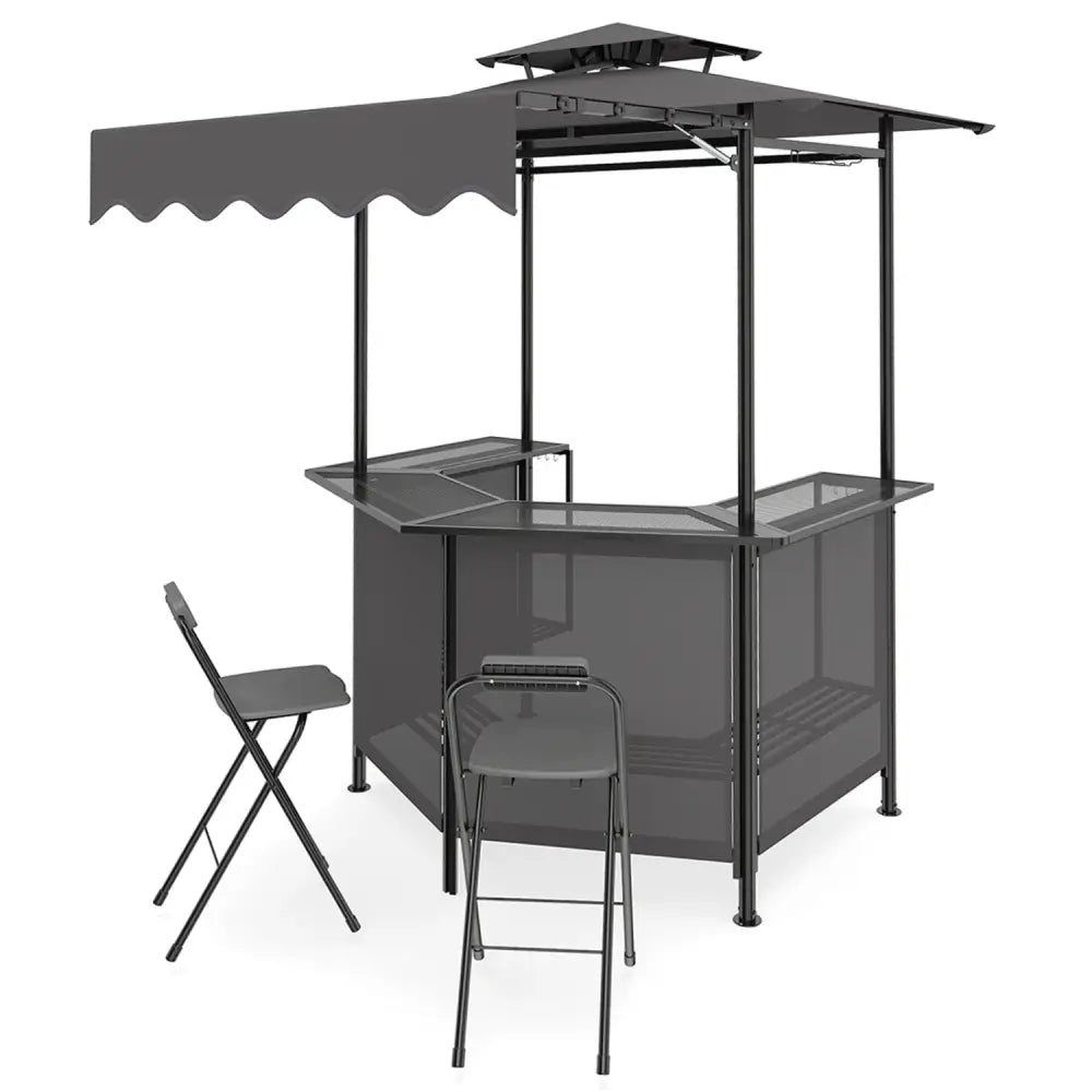 BBQ Gazebo Canopy with 4 Slatted Metal Shelves 6 Hanging Hooks and 2-Row Glass Holders-Black - Black - Patio Bar