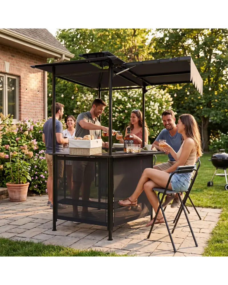 BBQ Gazebo Canopy with 4 Slatted Metal Shelves 6 Hanging Hooks and 2-Row Glass Holders-Black - Black - Patio Bar