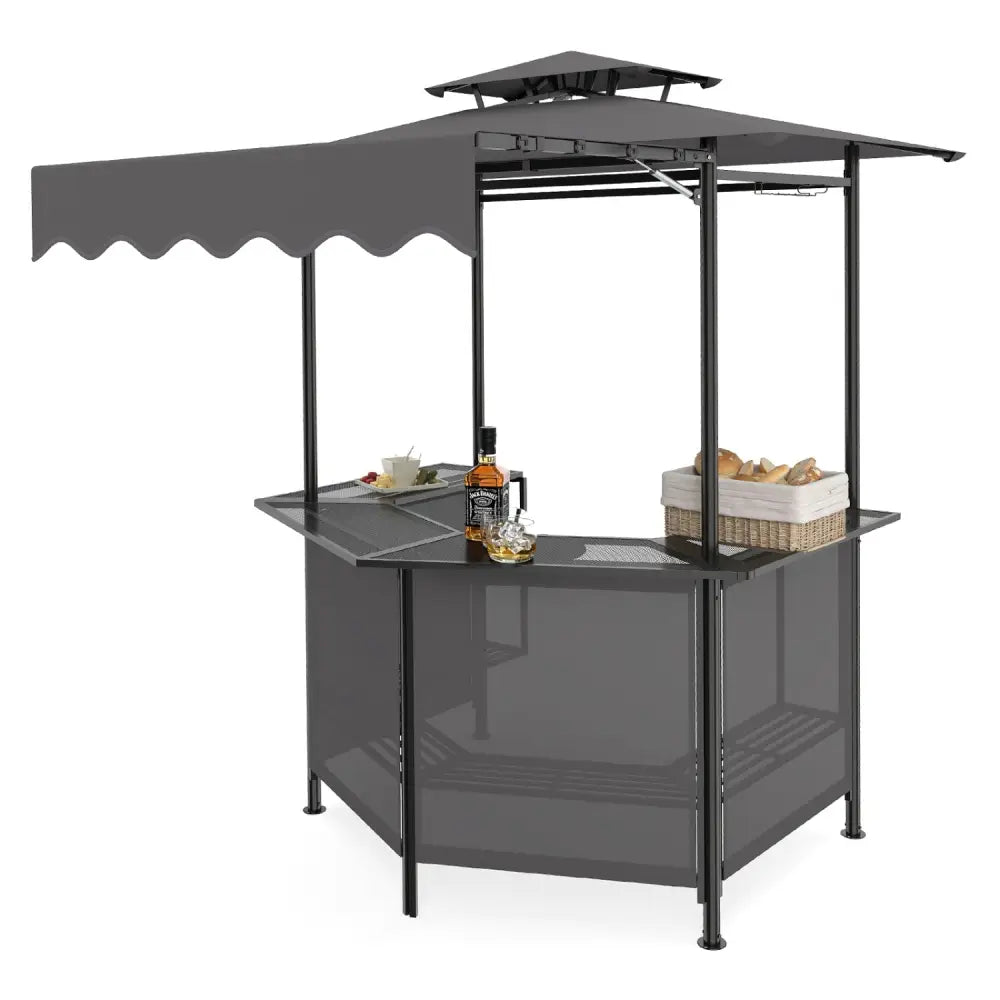 BBQ Gazebo Canopy with 4 Slatted Metal Shelves 6 Hanging Hooks and 2-Row Glass Holders-Black - Black - Patio Bar