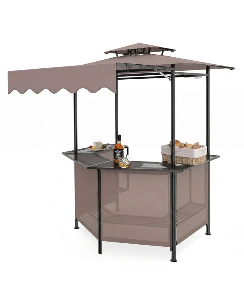 BBQ Gazebo Canopy with 4 Slatted Metal Shelves 6 Hanging Hooks and 2-Row Glass Holders-Brown - Brown - Patio Bar