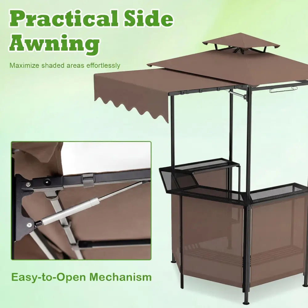BBQ Gazebo Canopy with 4 Slatted Metal Shelves 6 Hanging Hooks and 2-Row Glass Holders-Brown - Brown - Patio Bar