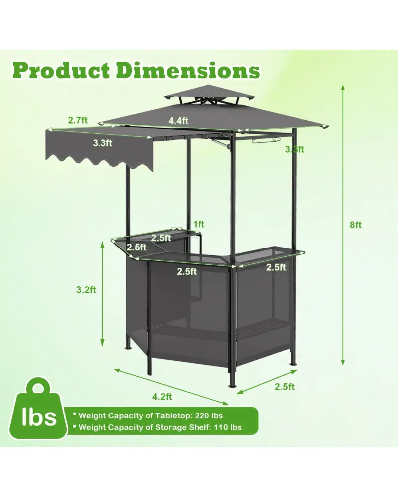 BBQ Gazebo Canopy with 4 Slatted Metal Shelves 6 Hanging Hooks and 2-Row Glass Holders-Black - Black - Patio Bar