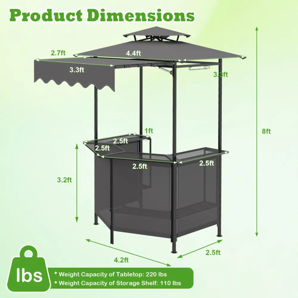 BBQ Gazebo Canopy with 4 Slatted Metal Shelves 6 Hanging Hooks and 2-Row Glass Holders-Black - Black - Patio Bar