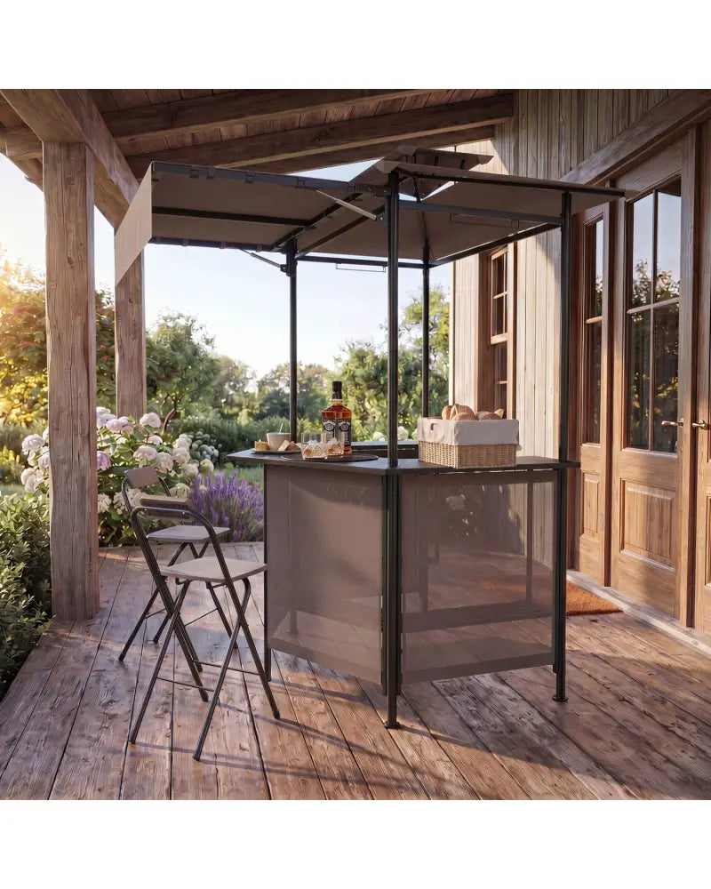 BBQ Gazebo Canopy with 4 Slatted Metal Shelves 6 Hanging Hooks and 2-Row Glass Holders-Brown - Brown - Patio Bar