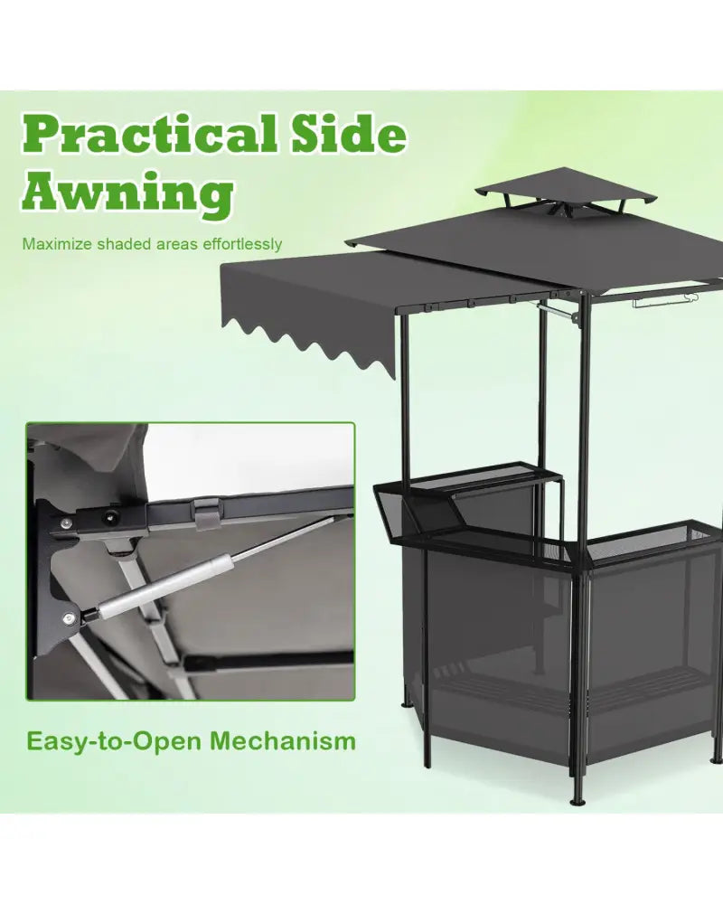 BBQ Gazebo Canopy with 4 Slatted Metal Shelves 6 Hanging Hooks and 2-Row Glass Holders-Black - Black - Patio Bar