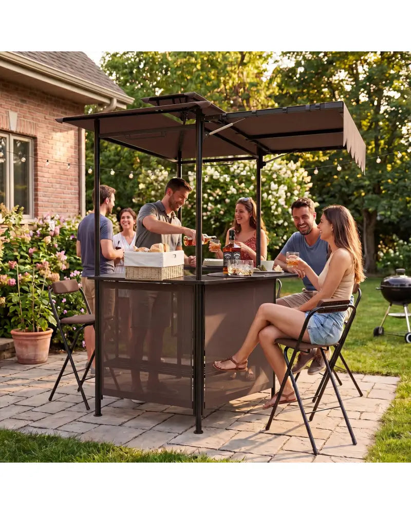 BBQ Gazebo Canopy with 4 Slatted Metal Shelves 6 Hanging Hooks and 2-Row Glass Holders-Brown - Brown - Patio Bar