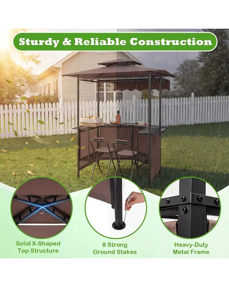 BBQ Gazebo Canopy with 4 Slatted Metal Shelves 6 Hanging Hooks and 2-Row Glass Holders-Brown - Brown - Patio Bar
