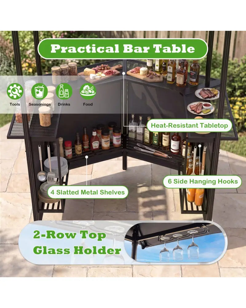 BBQ Gazebo Canopy with 4 Slatted Metal Shelves 6 Hanging Hooks and 2-Row Glass Holders-Black - Black - Patio Bar
