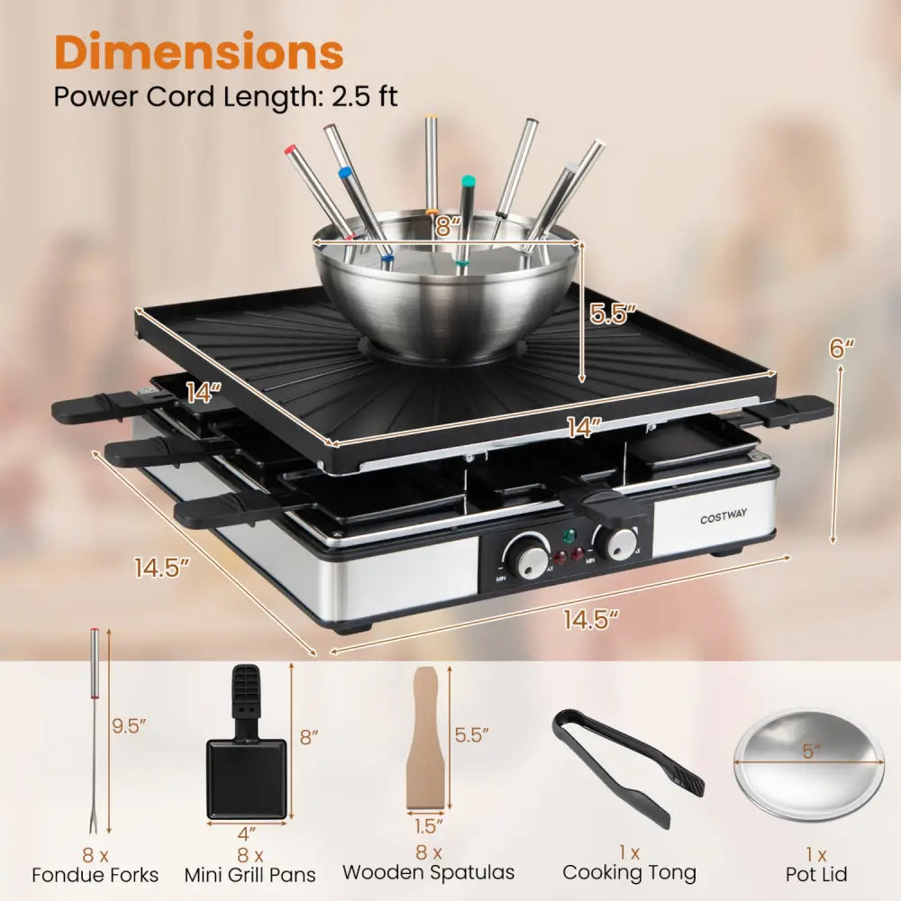 BBQ Grill with Fondue Pot Set and Adjustable Thermostats for 8 People - Cookware & Bakeware