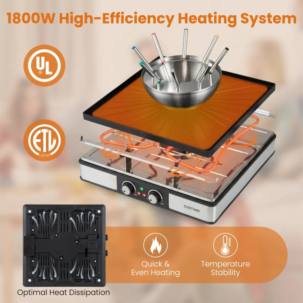 BBQ Grill with Fondue Pot Set and Adjustable Thermostats for 8 People - Cookware & Bakeware