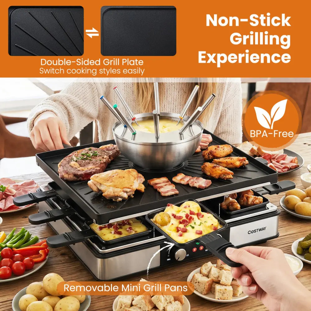 BBQ Grill with Fondue Pot Set and Adjustable Thermostats for 8 People - Cookware & Bakeware