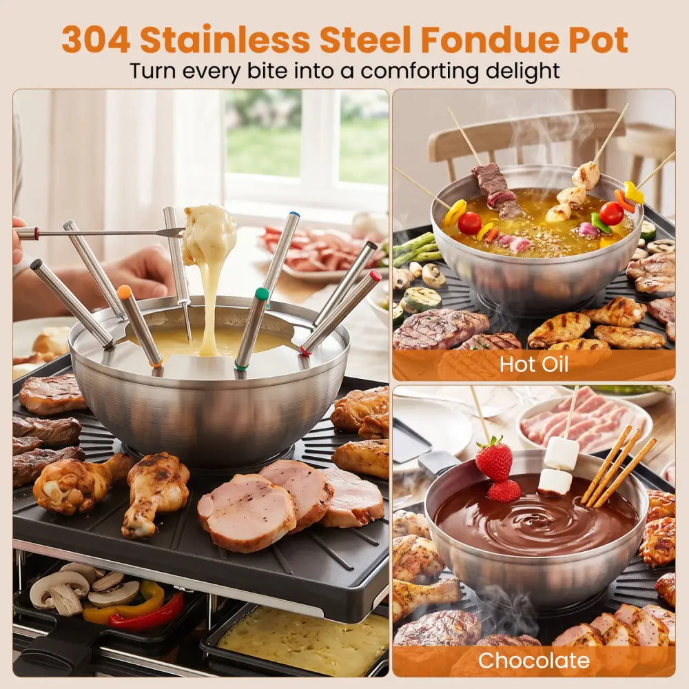 BBQ Grill with Fondue Pot Set and Adjustable Thermostats for 8 People - Cookware & Bakeware