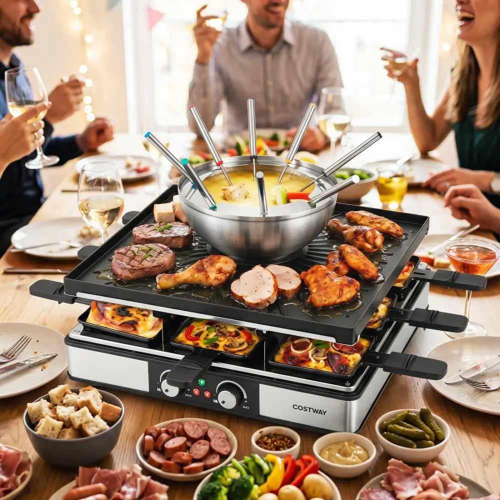 BBQ Grill with Fondue Pot Set and Adjustable Thermostats for 8 People - Cookware & Bakeware
