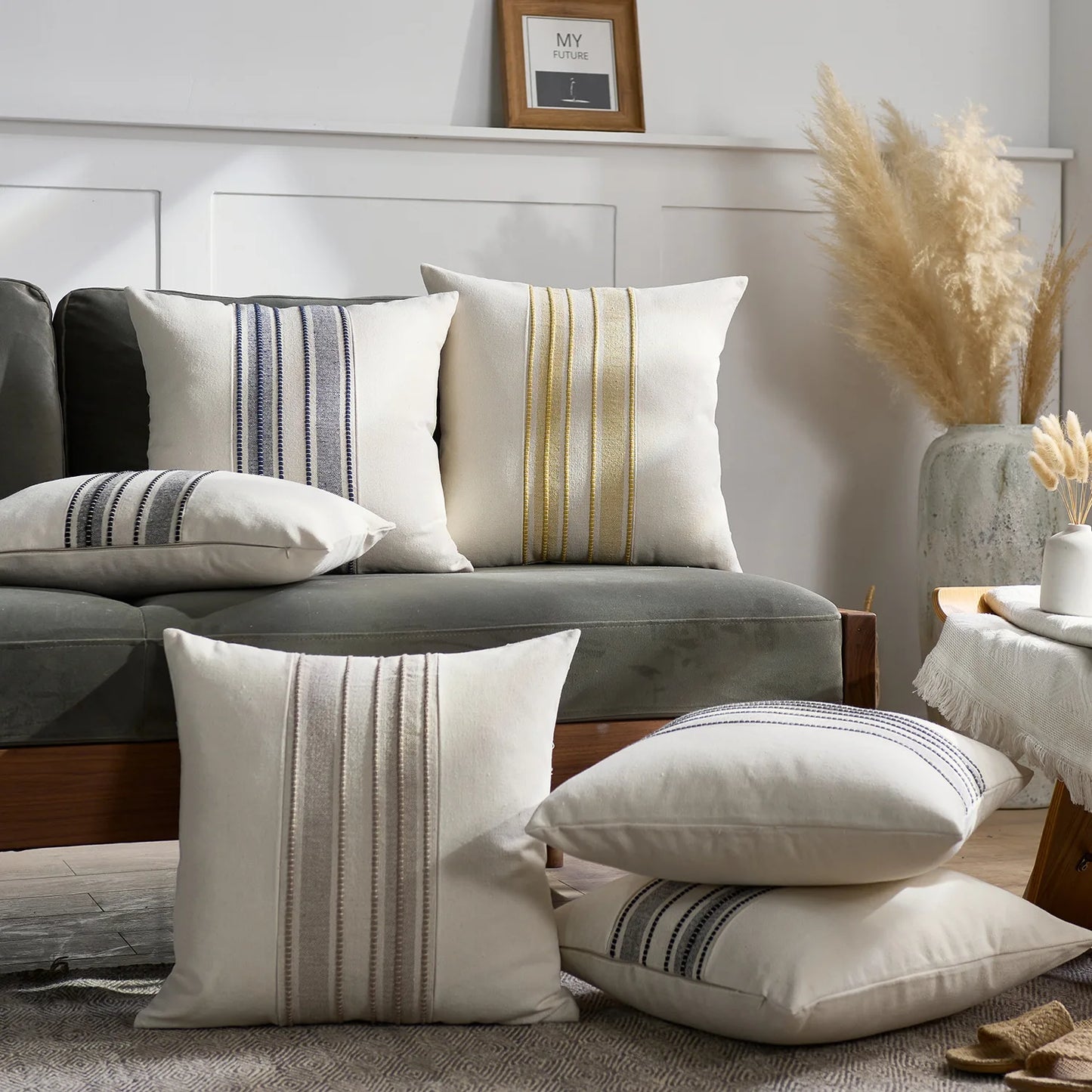 Simple Stripe Linen Cushion Cover – Beige/Yellow/Blue/Grey 45x45 30x50