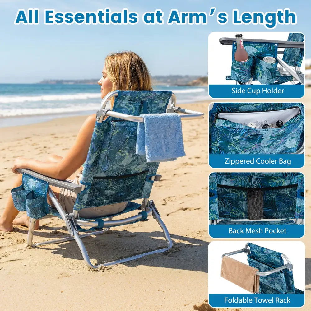 Beach Chairs Set of 2 Portable Folding Backpack Recliners with 5-Position Backrest and Padded Headrest-Peacock Blue