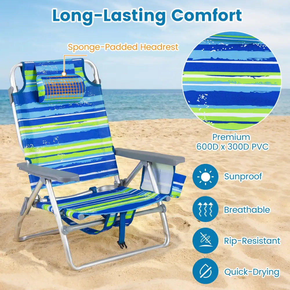 Beach Chairs Set of 2 Portable Folding Backpack Recliners with 5-Position Backrest and Padded Headrest-Blue and Green
